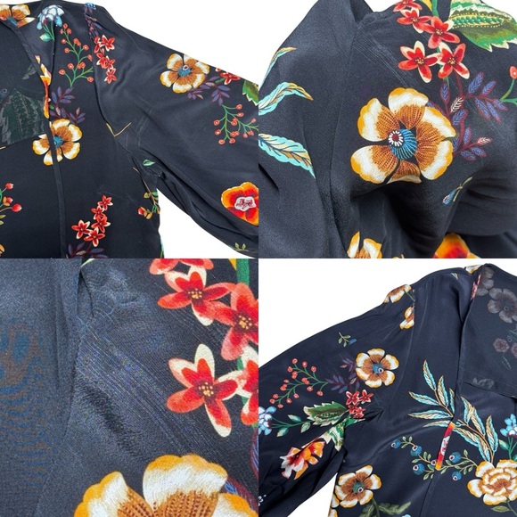 JOHNNY WAS Zorya Printed Floral Silk Mini Dress Black Puff Sleeve Size Medium - Picture 15 of 16